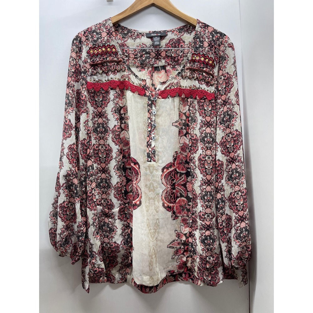 Style & Co Womens XL Red Paisley Boho Beaded Crochet Trim Long Sleeve Blouse